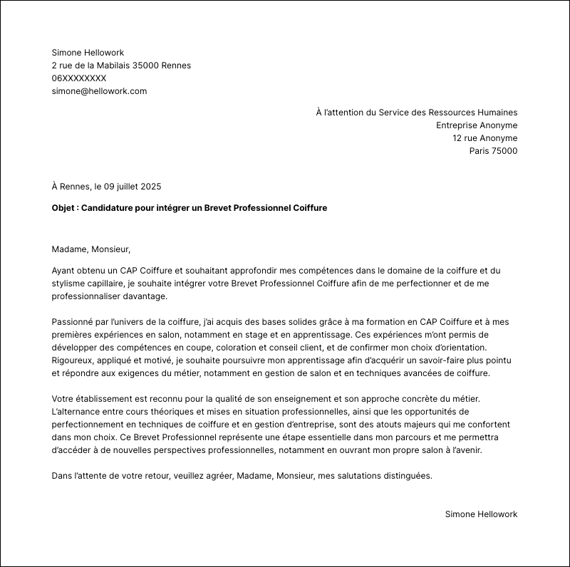 Modèle lettre de motivation BP Exemple lettre de motivation BP