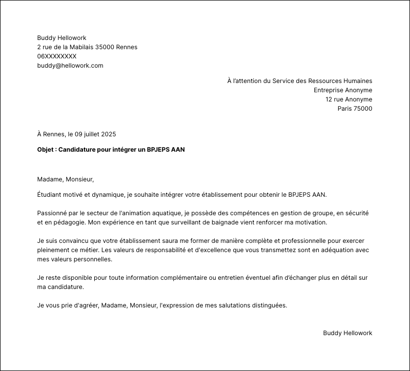 Modèle lettre de motivation BPJEPS AAN Exemple lettre de motivation BPJEPS AAN