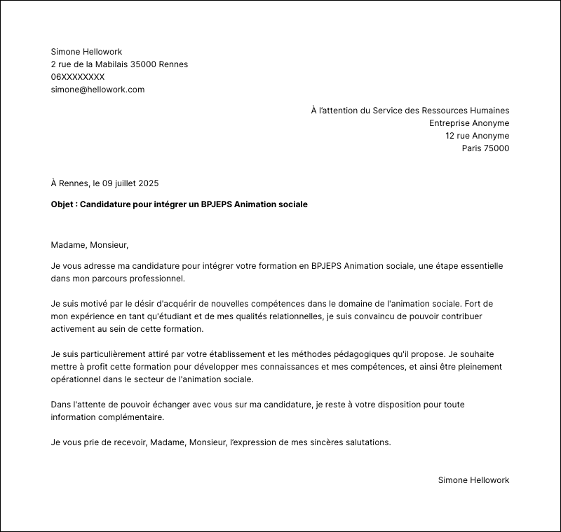 Exemple lettre de motivation BPJEPS Animation sociale