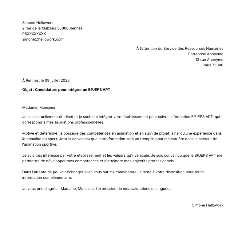 Exemple lettre de motivation BPJEPS APT