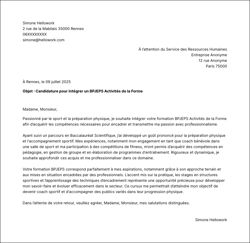 Modèle lettre de motivation BPJEPS Exemple lettre de motivation BPJEPS