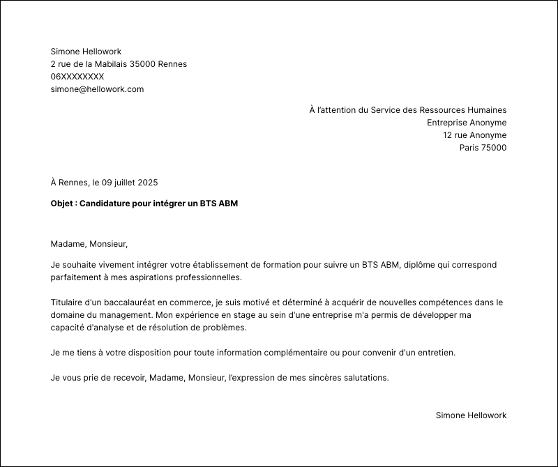 Modèle lettre de motivation BTS ABM Exemple lettre de motivation BTS ABM