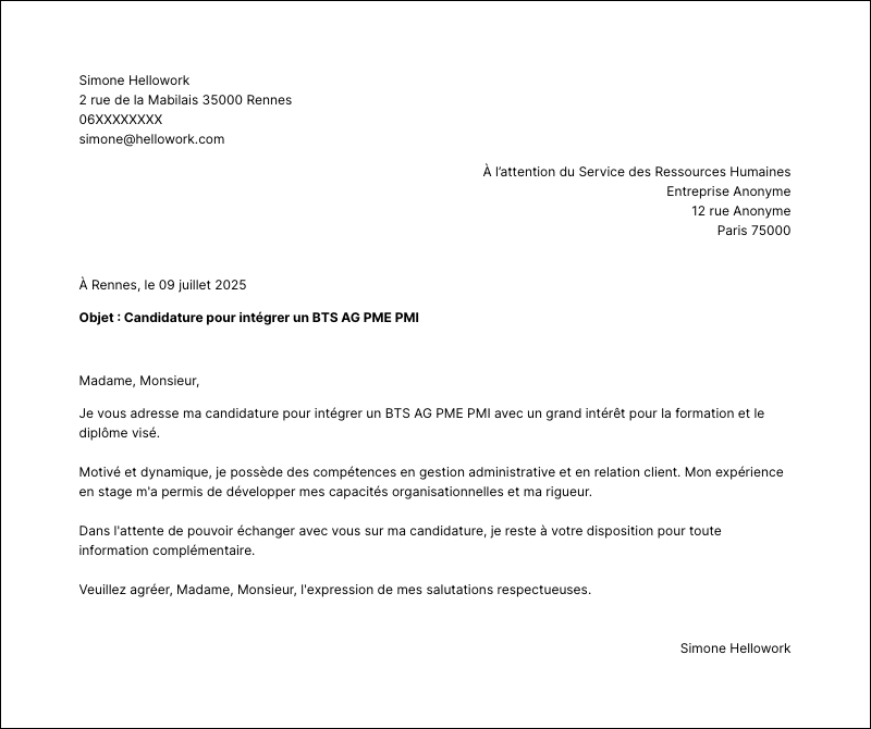 Modèle lettre de motivation BTS AG PME PMI Exemple lettre de motivation BTS AG PME PMI