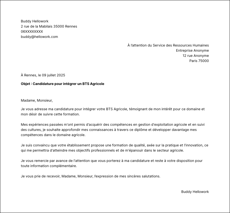 Modèle lettre de motivation BTS Agricole Exemple lettre de motivation BTS Agricole