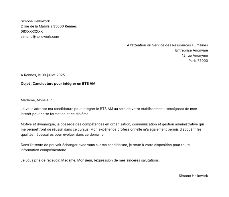 Modèle lettre de motivation BTS AM Exemple lettre de motivation BTS AM