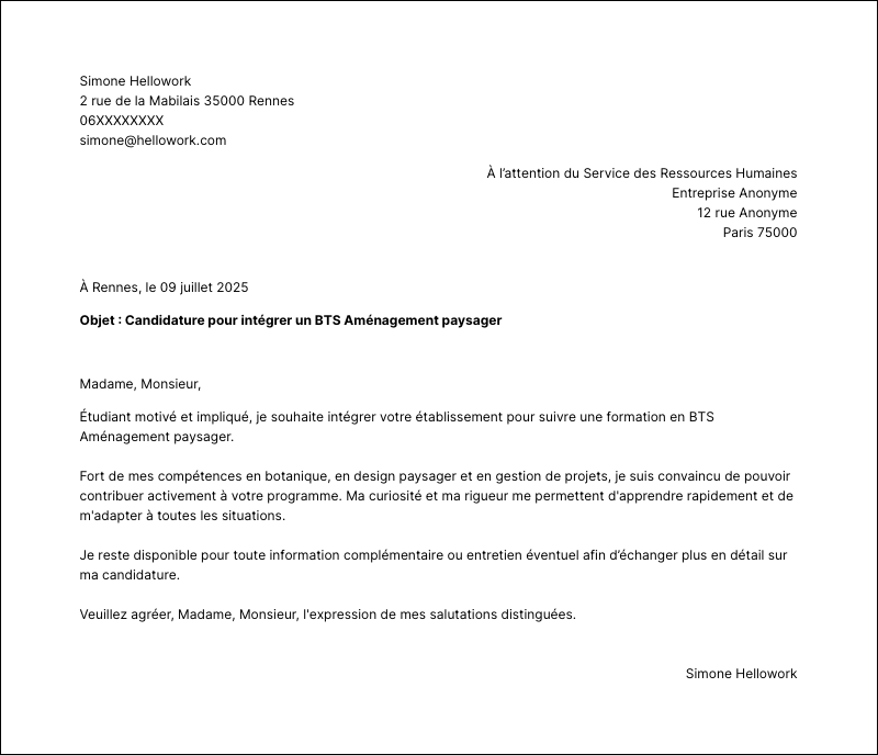 Exemple lettre de motivation BTS Aménagement paysager