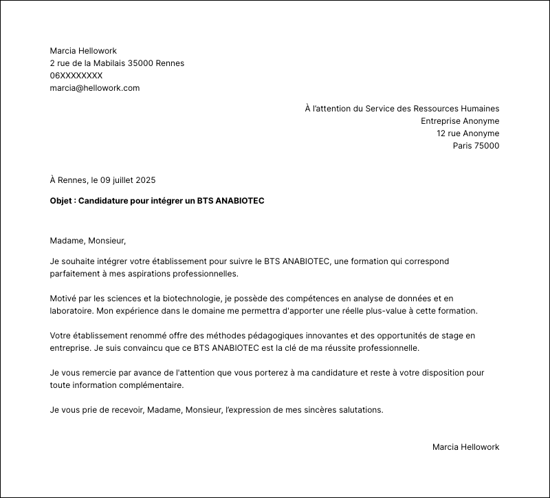 Exemple lettre de motivation BTS ANABIOTEC