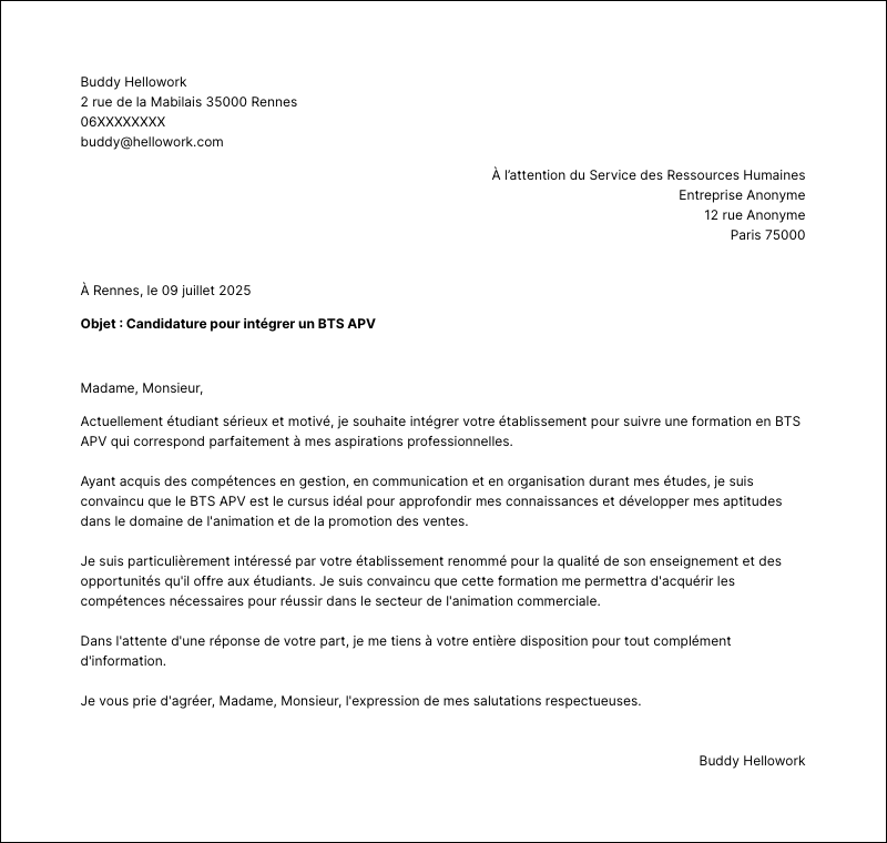 Exemple lettre de motivation BTS APV