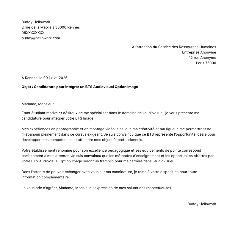 Exemple lettre de motivation BTS Audiovisuel Option Image