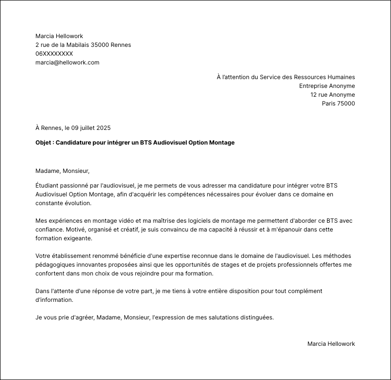 Modèle lettre de motivation BTS Audiovisuel Option Montage Exemple lettre de motivation BTS Audiovisuel Option Montage