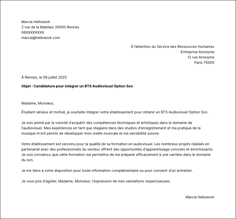Modèle lettre de motivation BTS Audiovisuel Option Son Exemple lettre de motivation BTS Audiovisuel Option Son
