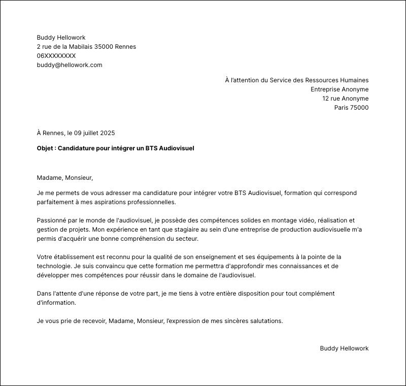 Modèle lettre de motivation BTS Audiovisuel Exemple lettre de motivation BTS Audiovisuel