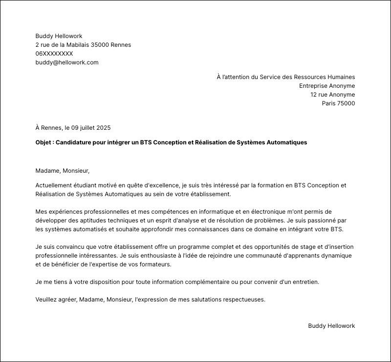 Exemple lettre de motivation BTS Conception et Réalisation de Systèmes Automatiques