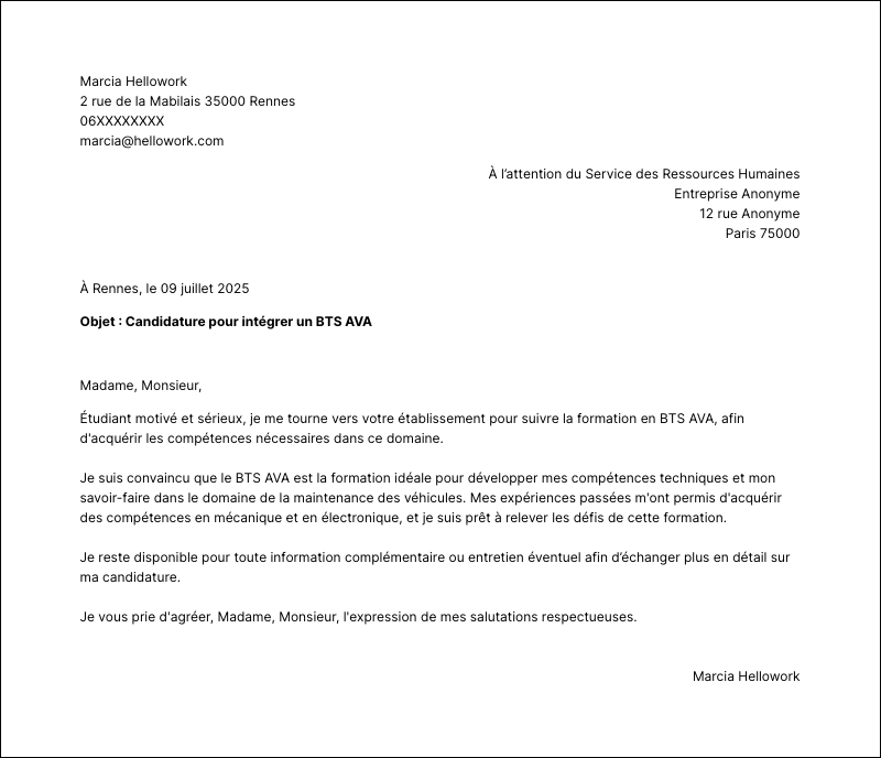 Modèle lettre de motivation BTS AVA Exemple lettre de motivation BTS AVA