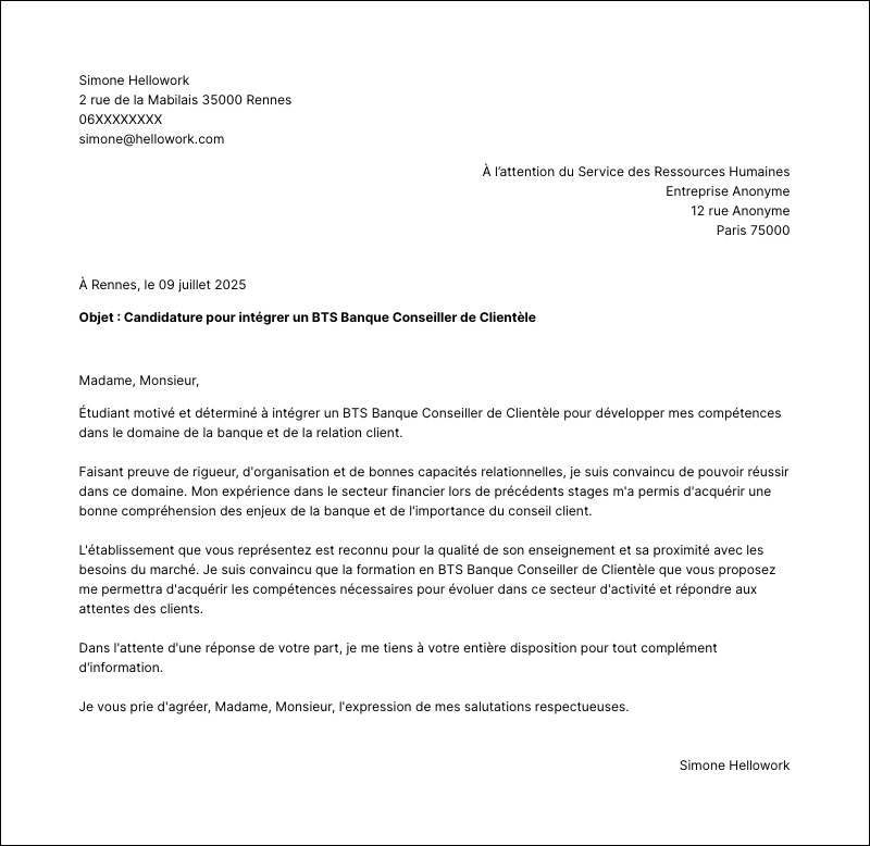 Modèle lettre de motivation BTS Banque Conseiller de Clientèle Exemple lettre de motivation BTS Banque Conseiller de Clientèle