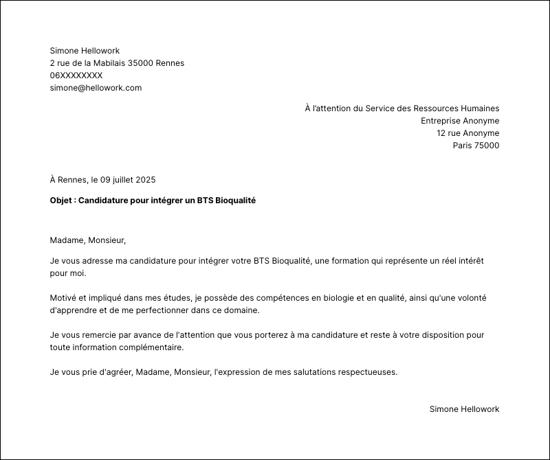 Modèle lettre de motivation BTS Bioqualité Exemple lettre de motivation BTS Bioqualité
