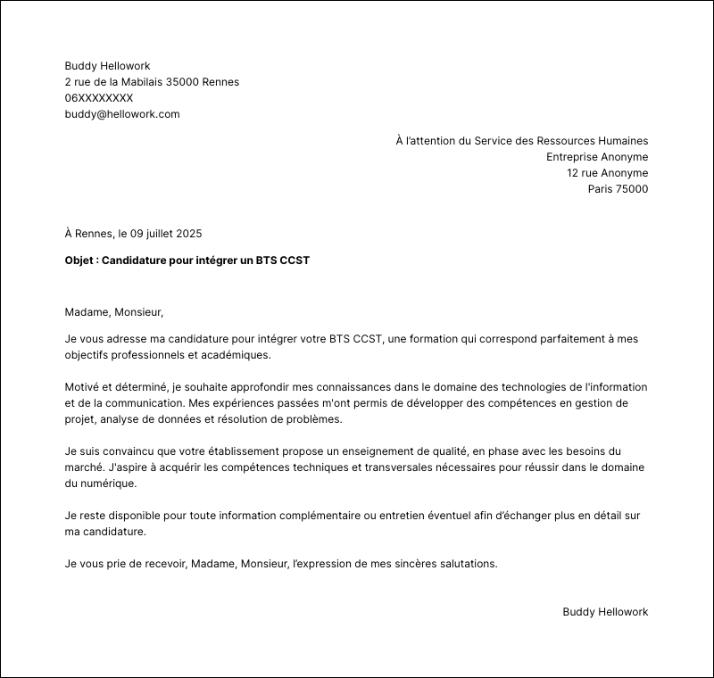 Modèle lettre de motivation BTS CCST Exemple lettre de motivation BTS CCST