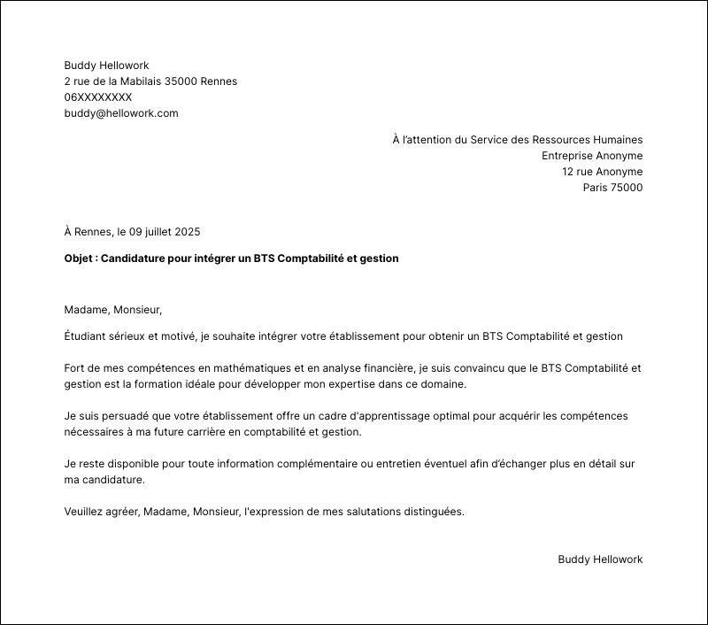 Modèle lettre de motivation BTS Comptabilité et gestion Exemple lettre de motivation BTS Comptabilité et gestion