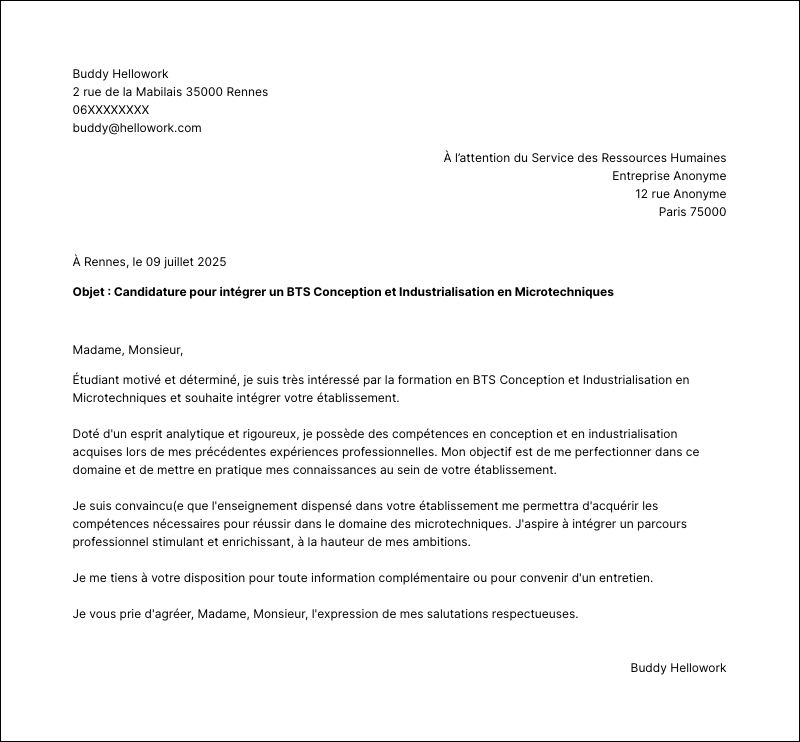 Exemple lettre de motivation BTS Conception et Industrialisation en Microtechniques