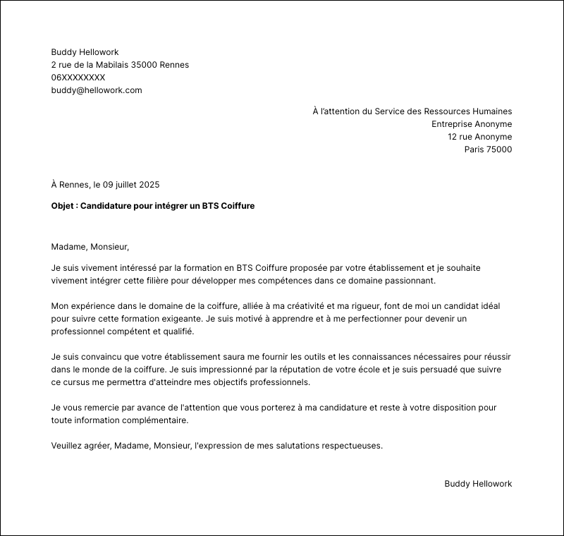 Modèle lettre de motivation BTS Coiffure Exemple lettre de motivation BTS Coiffure