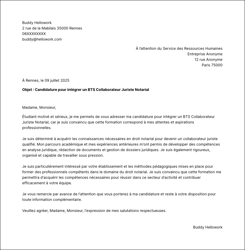 Modèle lettre de motivation BTS Collaborateur Juriste Notarial Exemple lettre de motivation BTS Collaborateur Juriste Notarial