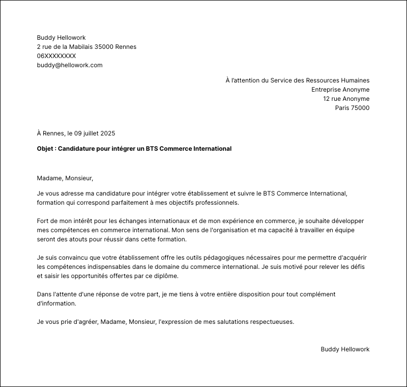 Exemple lettre de motivation BTS Commerce International