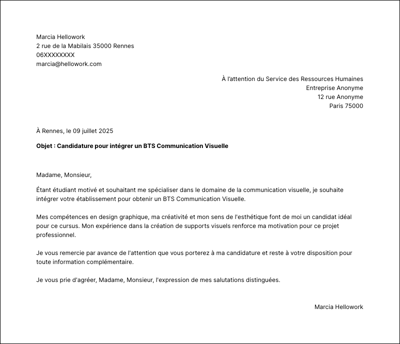 Modèle lettre de motivation BTS Communication Visuelle Exemple lettre de motivation BTS Communication Visuelle