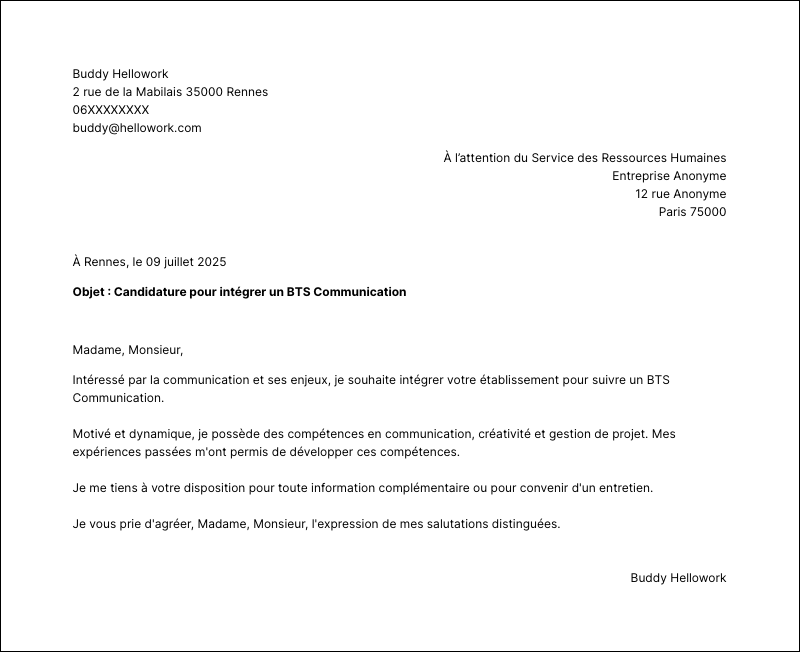 Modèle lettre de motivation BTS Communication Exemple lettre de motivation BTS Communication
