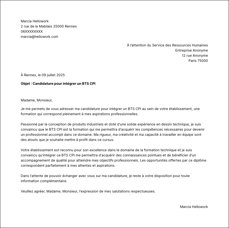 Modèle lettre de motivation BTS CPI Exemple lettre de motivation BTS CPI