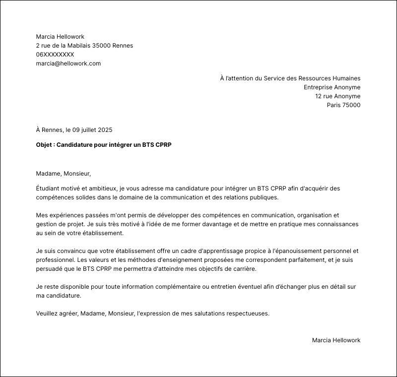 Modèle lettre de motivation BTS CPRP Exemple lettre de motivation BTS CPRP