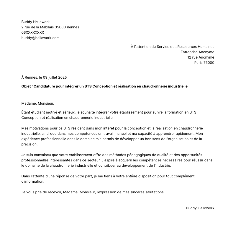 Modèle lettre de motivation BTS Conception et réalisation en chaudronnerie industrielle Exemple lettre de motivation BTS Conception et réalisation en chaudronnerie industrielle