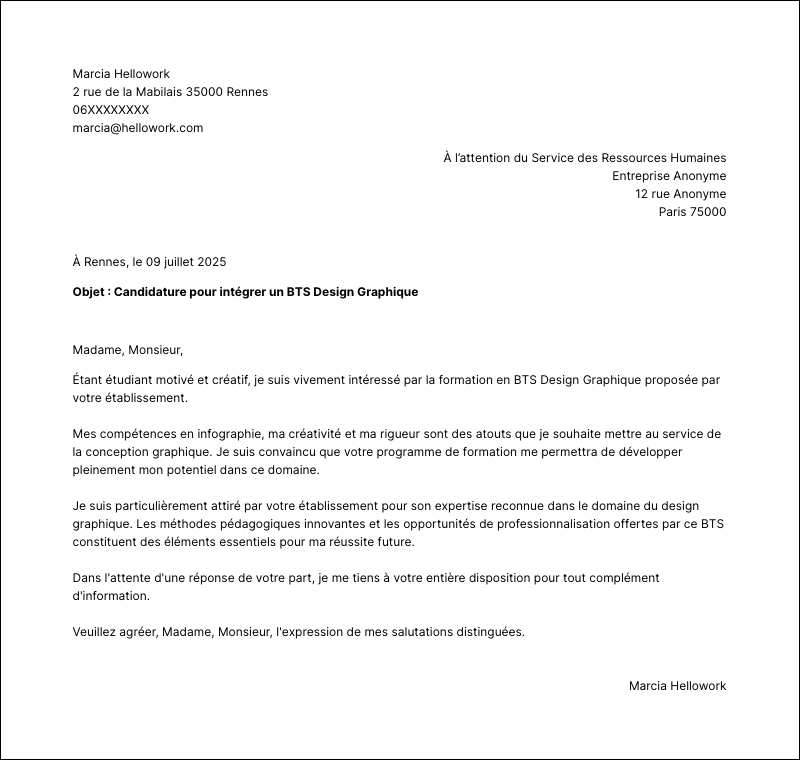Exemple lettre de motivation BTS Design Graphique