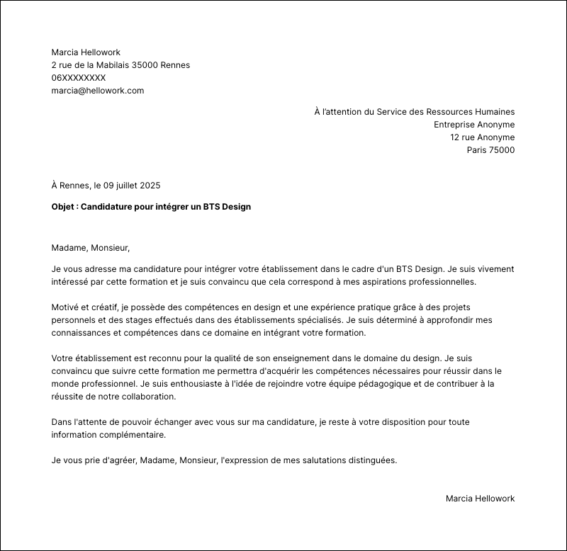 Exemple lettre de motivation BTS Design