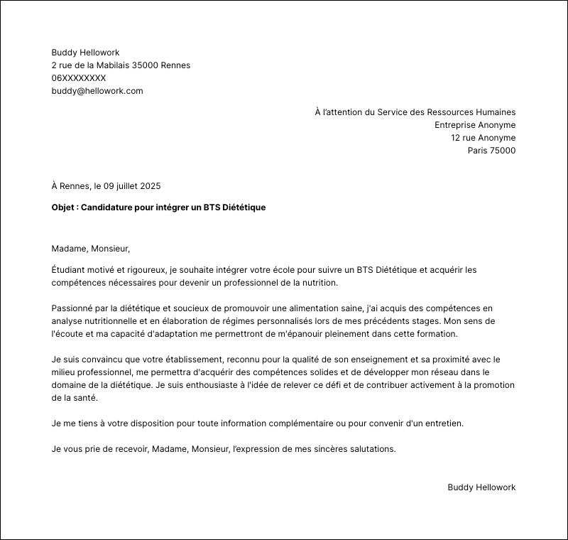 Exemple lettre de motivation BTS Diététique