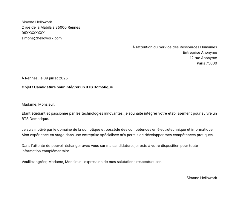 Modèle lettre de motivation BTS Domotique Exemple lettre de motivation BTS Domotique