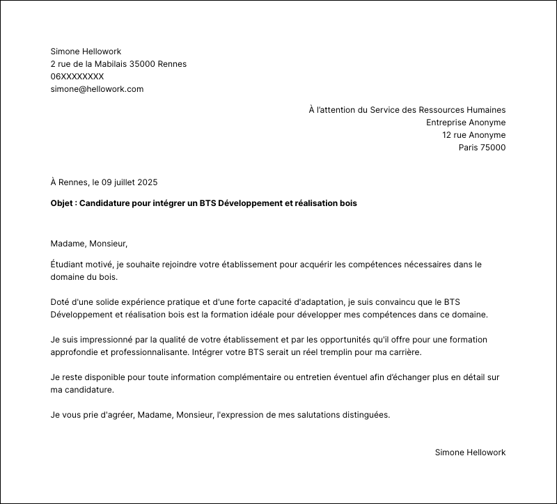 Modèle lettre de motivation BTS Développement et réalisation bois Exemple lettre de motivation BTS Développement et réalisation bois