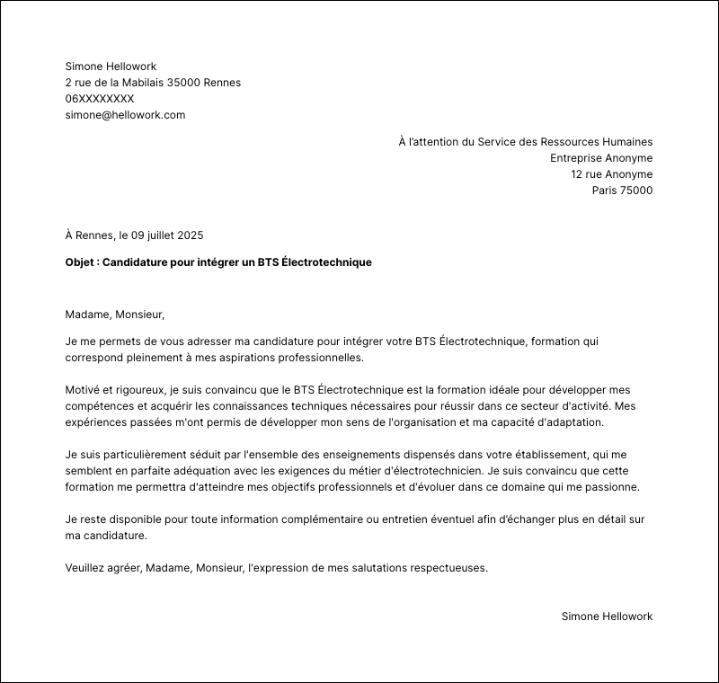 Modèle lettre de motivation BTS Électrotechnique Exemple lettre de motivation BTS Électrotechnique