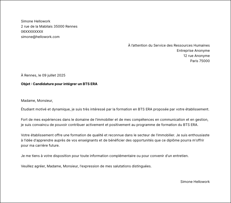Modèle lettre de motivation BTS ERA Exemple lettre de motivation BTS ERA