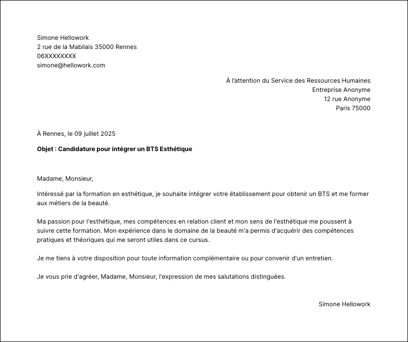 Modèle lettre de motivation BTS Esthétique Exemple lettre de motivation BTS Esthétique