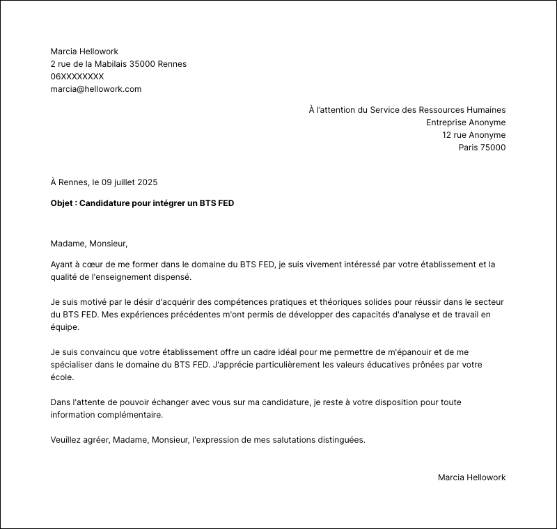Modèle lettre de motivation BTS FED Exemple lettre de motivation BTS FED