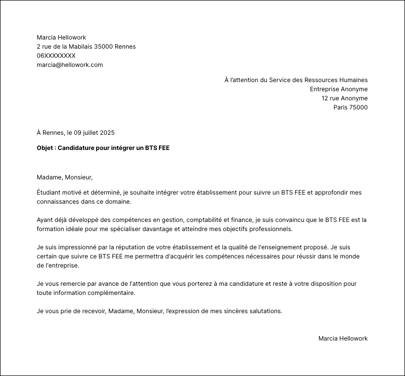 Modèle lettre de motivation BTS FEE Exemple lettre de motivation BTS FEE