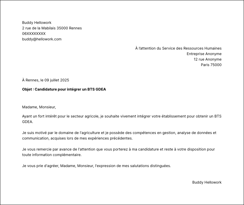Exemple lettre de motivation BTS GDEA
