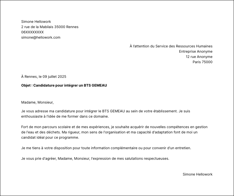 Modèle lettre de motivation BTS GEMEAU Exemple lettre de motivation BTS GEMEAU