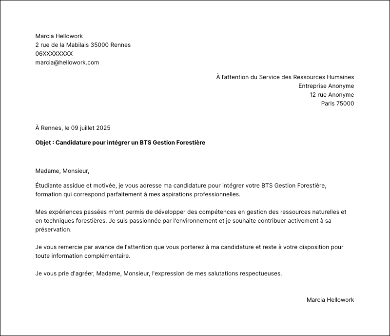 Modèle lettre de motivation BTS Gestion Forestière Exemple lettre de motivation BTS Gestion Forestière