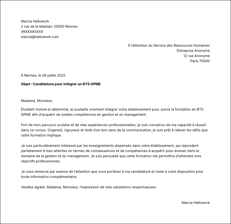 Modèle lettre de motivation BTS GPME Exemple lettre de motivation BTS GPME