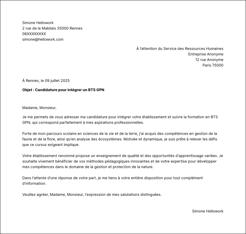 Modèle lettre de motivation BTS GPN Exemple lettre de motivation BTS GPN