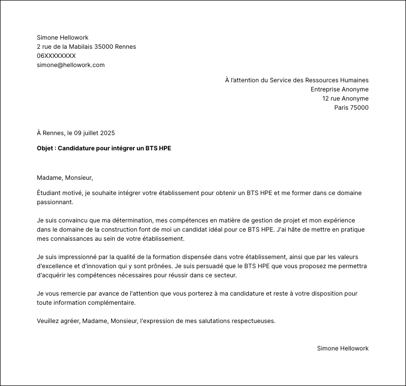 Modèle lettre de motivation BTS HPE Exemple lettre de motivation BTS HPE