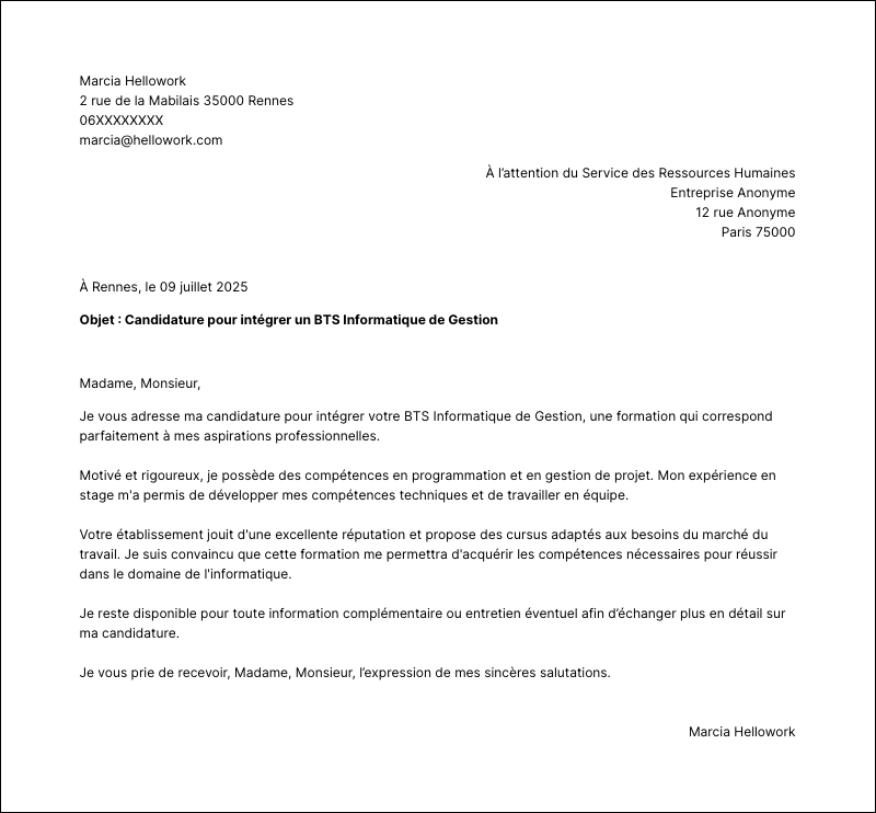 Exemple lettre de motivation BTS Informatique de Gestion