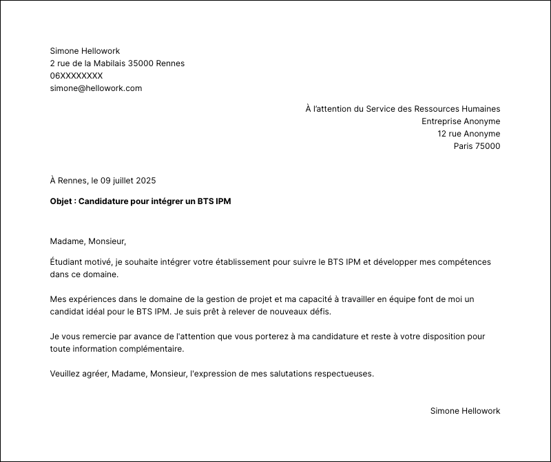 Exemple lettre de motivation BTS IPM