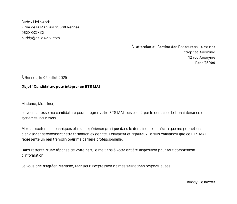 Exemple lettre de motivation BTS MAI